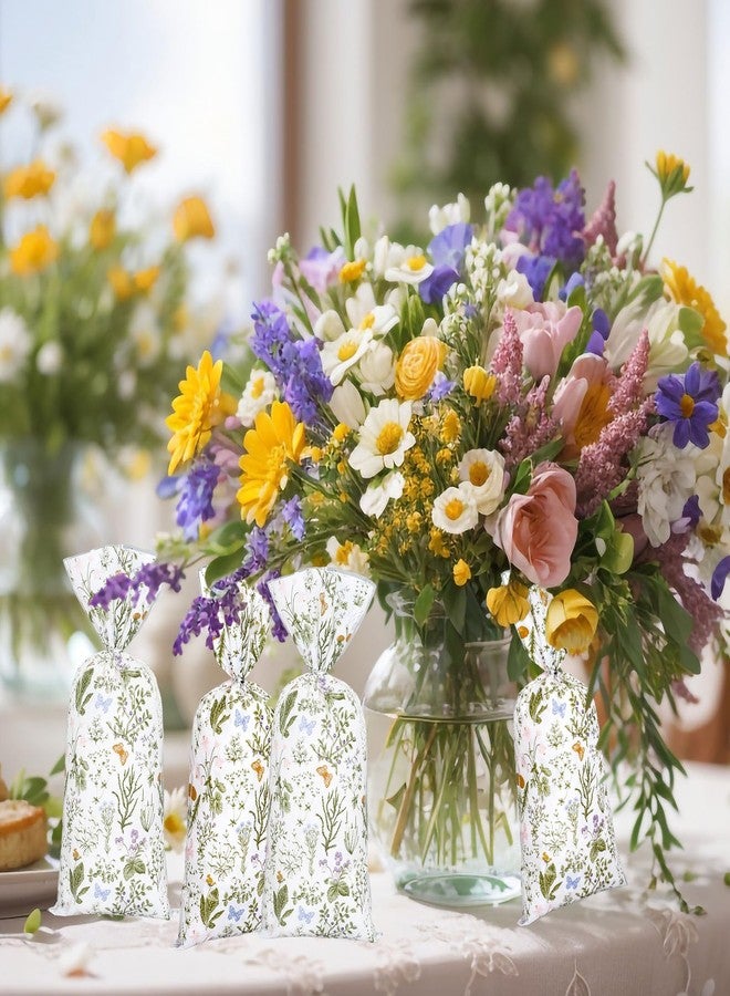 Whaline 100Pcs Vintage Spring Wildflower Cellophane Treat Bags with Twist Ties Retro Botanical Floral Plastic Candy Goodie Party Favor Bags for Wedding Birthday Baby Shower - Image 5